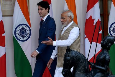 Canadian Prime Minister Justin Trudeau (L) and Indian Prime Minister Narendra Modi arrive for a meeting at Hyderabad house in New Delhi on February 23, 2018.
Trudeau admitted February 23 that a convicted Sikh extremist had been invited to dine with him in New Delhi, just the latest controversy to dog his visit to India. The Canadian premier has been at pains during his visit to quash long-simmering perceptions in India that his administration is soft on Sikh extremists. But the scandal emerged just before meeting with Prime Minister Narendra Modi, who has been notably absent during Trudeau's week-long trip throughout India with his family.
/ AFP PHOTO / MONEY SHARMA (Photo credit should read MONEY SHARMA/AFP/Getty Images)