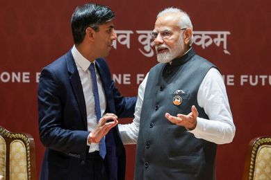 New Delhi, Sept 09 (ANI): Prime Minister Narendra Modi and United Kingdom PM Rishi Sunak hold a bilateral meeting on the sidelines of the G20 Summit, at Pragati Maidan in New Delhi on Saturday. (ANI Photo)