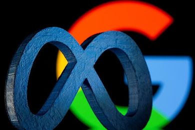A 3D printed Facebook's new rebrand logo Meta is seen in front of displayed Google logo in this illustration taken on November 2, 2021. REUTERS/Dado Ruvic/Illustration/File photo