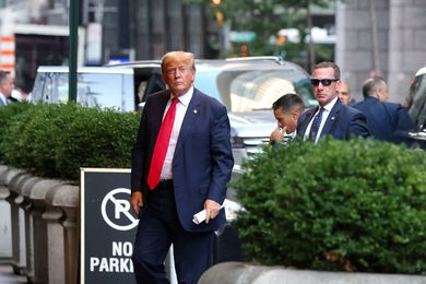 FILE PHOTO: Former U.S. President Donald Trump walks outside as the trial of himself, his adult sons, the Trump Organization and others in a civil fraud case brought by state Attorney General Letitia James continues, in New York City, U.S., October 3, 2023. REUTERS/Caitlin Ochs/File Photo